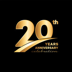 20th Anniversary logo design with golden number and text isolated on black background. Logo Vector Template