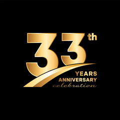 33th Anniversary logo design with golden number and text isolated on black background. Logo Vector Template