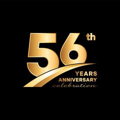 56th Anniversary logo design with golden number and text isolated on black background. Logo Vector Template