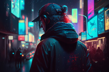Fototapeta na wymiar Boy on the street at night, Cyberpunk, futuristic, made with Generative AI