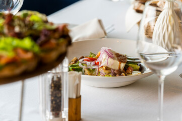 salad with cheese with fresh vegetables on a plate