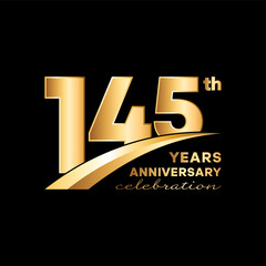 145th Anniversary logo design with golden number and text isolated on black background. Logo Vector Template