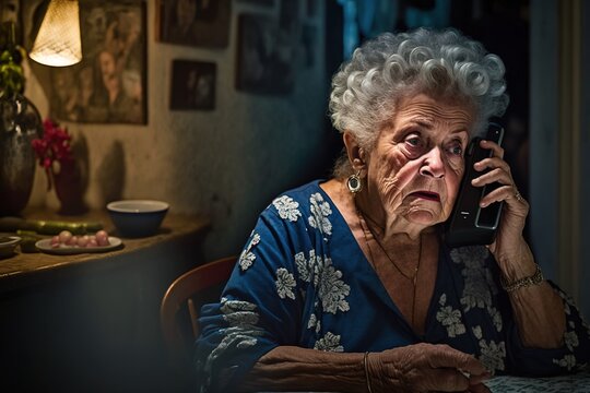 an illustration of an old lady grandma on the phone in dramatic lighting, being victim of a voice phishing scam. Generative Ai