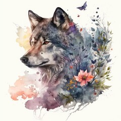 A majestic watercolor wolf with floral Generative by Ai
