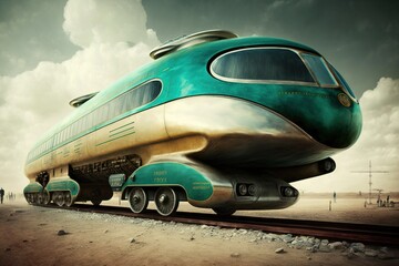 illustration of the future of transport, futuristic train leaving the city, futuristic vehicle