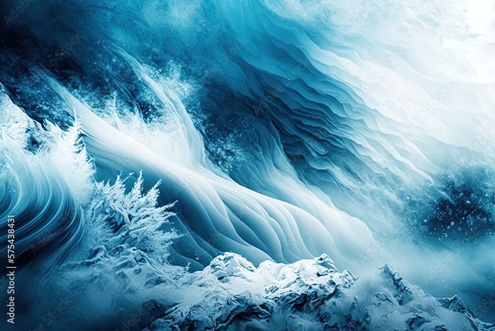Poster a wide-angle view of an abstract winter scene in blue and white generative ai