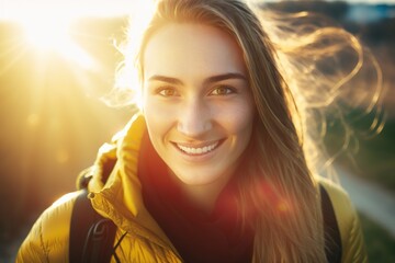 a fictional illustration of a sporty blond woman hiking in the mountains. generative Ai