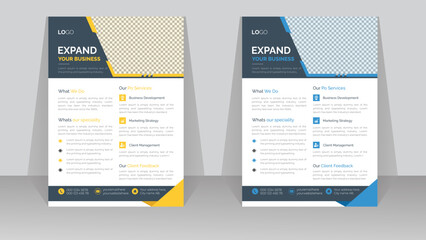 Modern business flyer design with two color variation geometric a4 template, promotion and marketing poster corporate banner report, professional leaflet advertisement cover.
