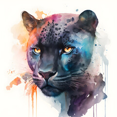 Watercolor black panther portrait, colorful painting. Realistic wild animal illustration. Created with Generative AI technology.