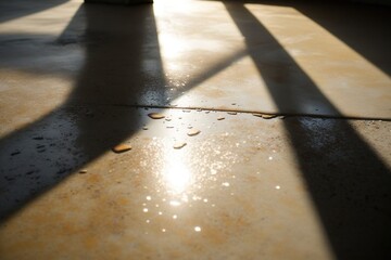 Wet concrete floor sunny close up, concept of Reflective and Textured, created with Generative AI technology