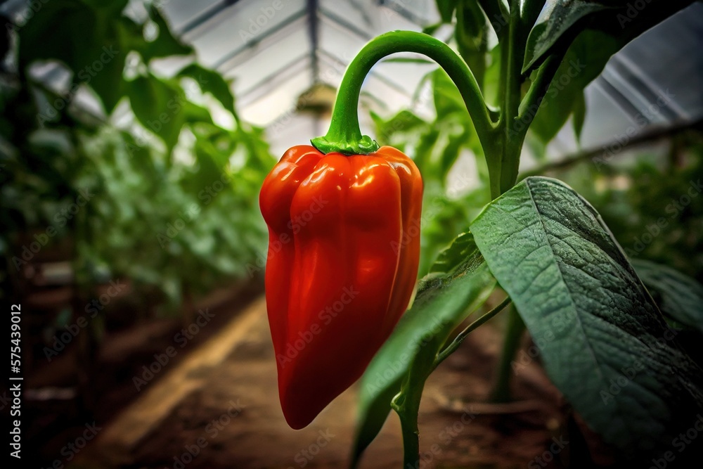 Wall mural Red sweet paprika in local farm growth greenhouse. Red pepper on green branch representing healthy food and process of cultivation monocultures in agribusiness. Realistic illustration generative AI