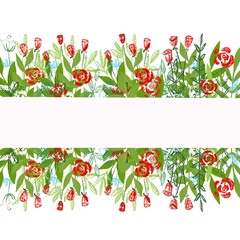 spring floral background. ribbon, stripe of leaves and red roses