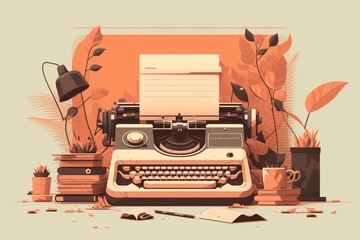 Home office with classic mechanical typewriter, lamp, book, decor and stationery on the table, cartoon illustration generative AI. Journalism, publishing and education concept - obrazy, fototapety, plakaty