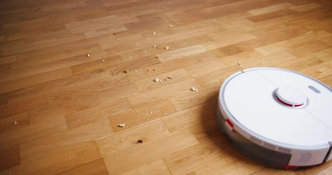 Robot vacuum cleaner performs automatic cleaning of the house at a certain time. Smart home concept. Copy space