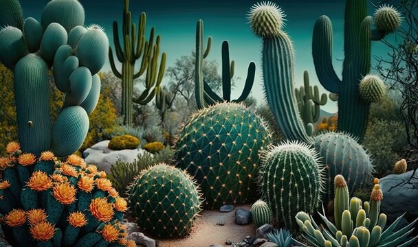  a painting of a desert scene with cacti and cactus.  generative ai