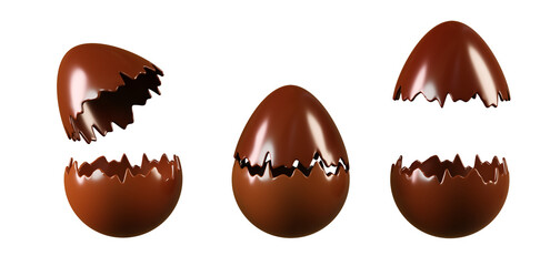Cracked and broken chocolate eggs. Chocolate eggs, 3d render.  Transparent background, PNG file