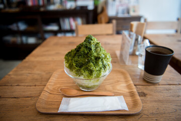 Matcha green tea shaved ice and coffee at cafe in Tokyo Shitamachi
