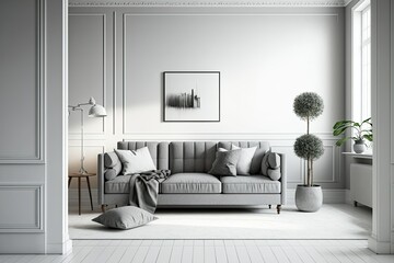 Gray sofa in sparse white Scandinavian living room. Generative AI