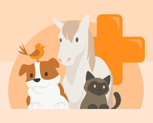 Brown and white English Bulldog, dark brown Siamese cat with blue eyes, white horse and orange bird together