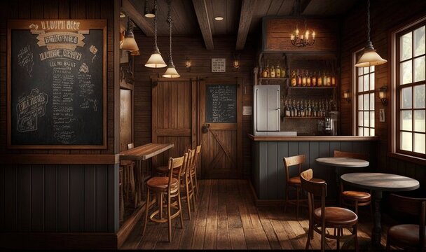  a bar with a chalkboard menu on the wall and wooden chairs.  generative ai