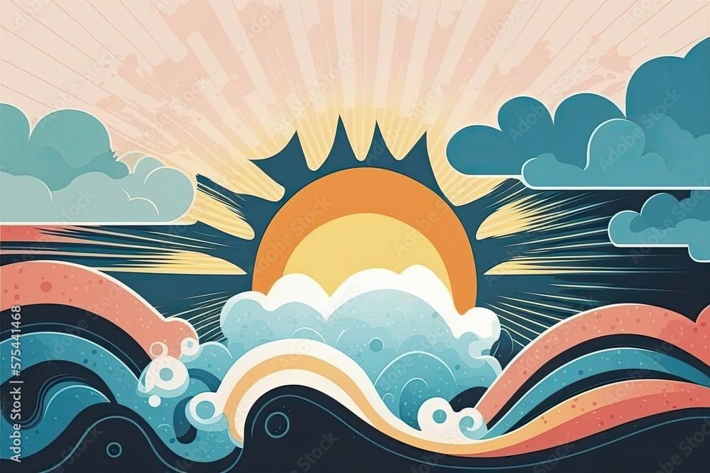 Sticker Cartoonishly adorable sun rising over the sea, complete with waves, a star, and some clouds. A global platform for fastary water and. Generative AI