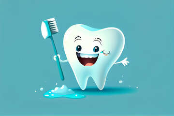 Cartoon illustration of happy white tooth with toothbrush. generative AI