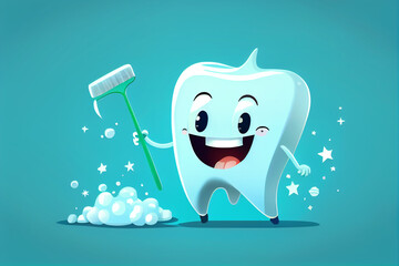 Cartoon illustration of happy white tooth with toothbrush. generative AI