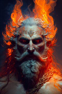 Portrait of Swarog, swarozyc slavic god of fire and blacksmithing surrounded by flames, generative ai