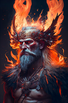 Portrait of Swarog, swarozyc slavic god of fire and blacksmithing surrounded by flames, generative ai