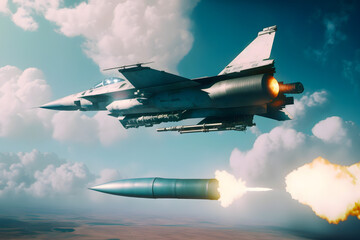 Jet fighter firing missile on high speed chase, close up aerial view. Generative AI