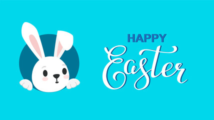 Fototapeta premium Horizontal card with calligraphy text Happy Easter and cute bunny looks out of the hole