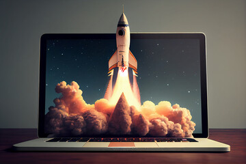 Illustration of  space rocket launching from laptop. generative AI - obrazy, fototapety, plakaty
