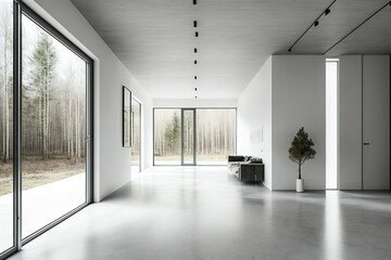 Concrete flooring, plank ceilings, and blank white walls for copy space provide natural light into this modern, empty hall with a view of the forest beyond the living room at the back of the house