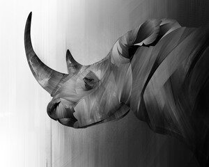 Drawn portrait of the muzzle of the rhino in monochrome