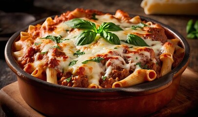  a casserole dish with meat, cheese and basil.  generative ai
