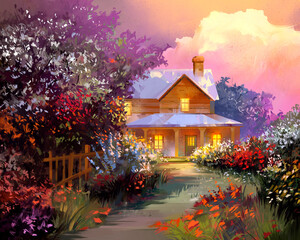 drawn bright cozy landscape with a house and garden