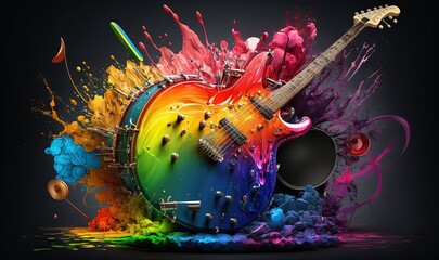  a colorful guitar with a splash of paint on the body.  generative ai