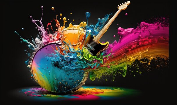  a colorful guitar with a splash of paint on it's body.  generative ai
