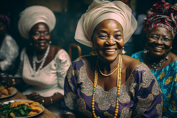 Fototapeta premium Generative AI. laughing African women at a dining table