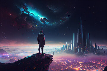 Cyberpunk man looking at futuristic cityscape with stars and skyscrapers neon lights. man stands on top of futuristic city. Futuristic galaxy city scape. High quality ai illustration.