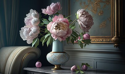 a painting of pink flowers in a blue vase on a table.  generative ai
