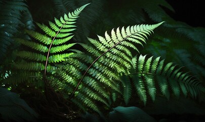  a green fern leaf in the dark with its light on.  generative ai