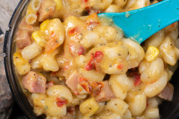 Cooked pasta with gravy for tourists. Macaroni with peppers and cheese. Macro photo of pasta. Macaroni in a bowl.