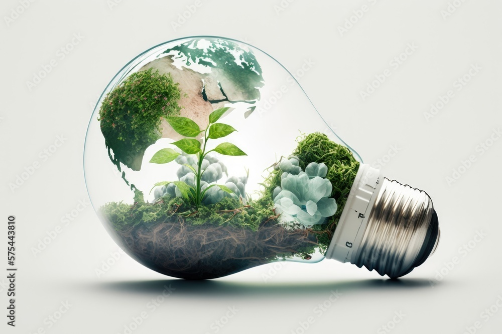 Poster a light bulb with a planet earth and some green sprouts inside of it. green energy icons on a white 