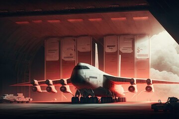 Fototapeta premium U.S. military bombers loaded with explosives wait in a hanger at an airport base. Generative AI