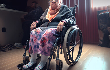 Pflegenotstand und Personalmangel – alte Frau im Rollstuhl, Generative AI - obrazy, fototapety, plakaty