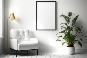 Mockup poster frame on the wall of living room. Modern interior design. Background with selective focus. AI generated