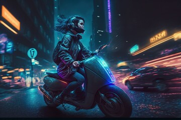 Girl on electric scooter in futuristic city. Background, selective focus. AI generated, human enhanced