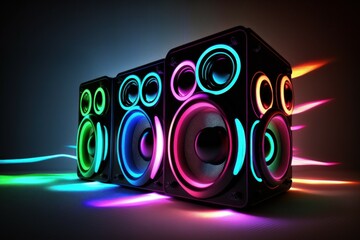 Group of sound speakers in neon light. Background with selective focus. AI generated, human enhanced