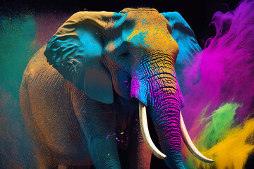 Happy Holi Indian Hindu festival of colors. happy Holi festival with an elephant, Generative Ai.